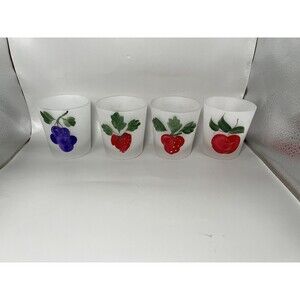 Vintage Hand Painted Milk Glass Juice Glasses Fruit Set 4 Frosted 3.5" Kitchen D